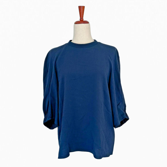 Tibi Blouse Size Small‎ 3/4 Sleeve Crewneck Gathered Sleeve Dark Gray Teal Crepe - Picture 1 of 10